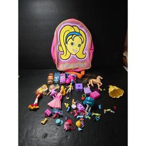 Polly Pocket Lot  Of 30+ Pieces Dolls, Clothes, Accessories, Animals & bookbag